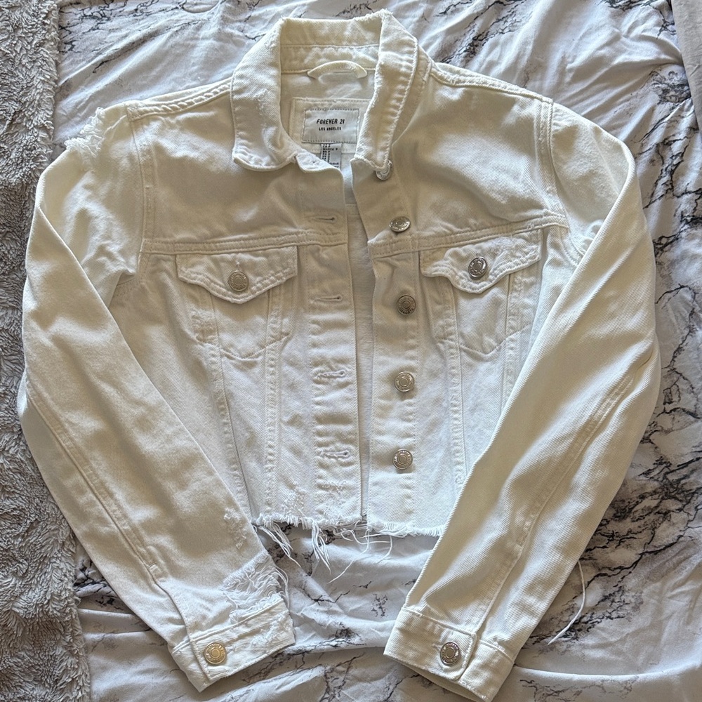 Forever 21 Ivory Cropped Distressed Denim Jacket